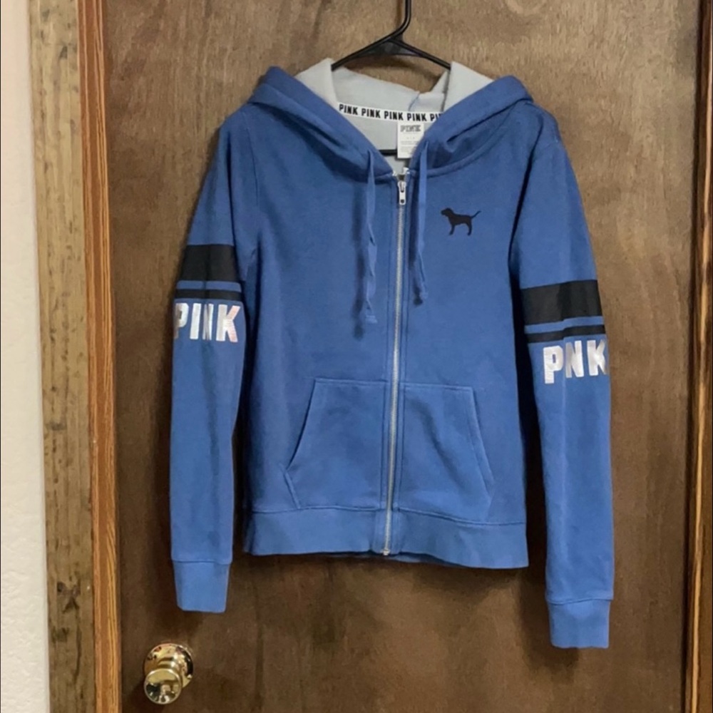 Victorias Secret Pink Full Zip Hoodie Sweatshirt Fleece Small Blue Black‎